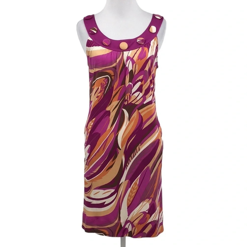 Yoana Baraschi Dress Womens XS Purple Orange Abstract Feather Print Shift Silk